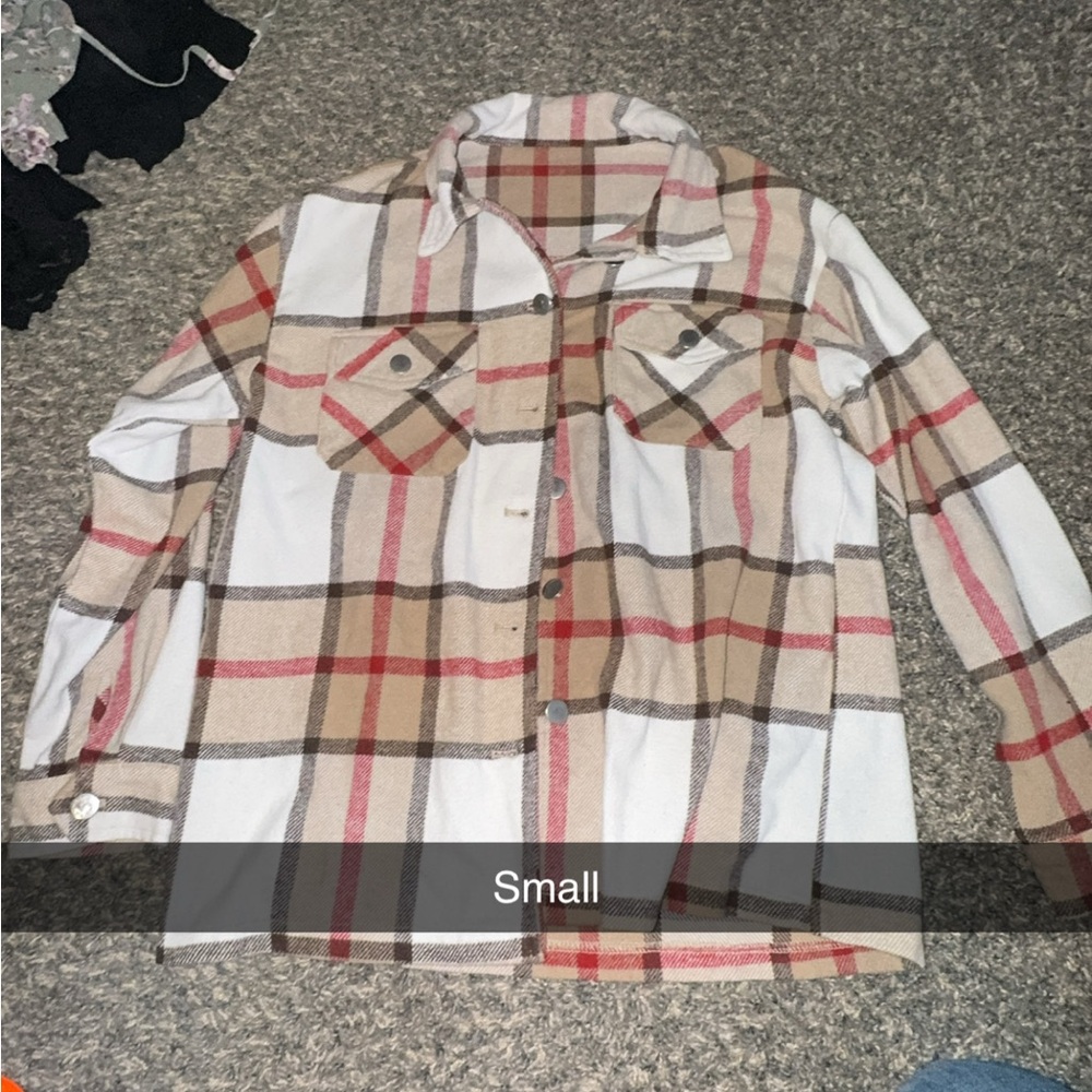 Plaid Button-Up Shacket in Cream, Tan & Red